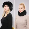 Kvinnor Vinter Real Rex Kanin Fur Hat Scarf 2 stycken Stickad Top Natural Fox Fur Cap Scarves Sets