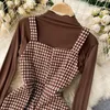 Mulheres Singreiny Houndstooth Strap vestido Outono inverno o pescoço manga comprida tops coreano casual botão vestido de duas peças 210419