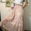 Vintage Çiçek Baskı A-Line Pileli Uzun Etekler Yaz Pembe Kadın Şifon Kore Etek Streetwear Elastik Bel MIDI Etek 210619
