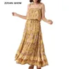 Bohemian Floral Print Tassel Lacing up Spaghetti Strap Dress Yellow Ethnic Woman Stream Pleated Shappy Long Dresses 210429