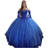 Księżniczka Arabska Królewska Blue Quinceanera Suknie 2022 Koronkowe aplikacje Glitter Cekiny Zroszony Sweetheart Prom Dresses Sweet 16 15 Brithday Party Dress Długie Rękawy