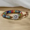 Pulseiras de couro envolto de pedra natural com miçangas feitas à mão moda 7 chakras homens mulheres flor árvore da vida cura ioga pulseira 270B