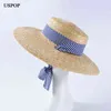 USPOP Women Sun Hat Kvinna Naturvete Halm Sommarhattar bred Brim Beach Hat Wide Striped Ribbon Lace-up Straw Hats AA220304