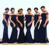 Elegant Simple Sexy Dark Navy Off Shoulder Mermaid Bridesmaid Dresses Long Plus Size Wedding Guest Party Gowns Satin Sweep Train African Maid Of Honor Dress