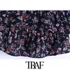 Traf Women Fashion with Frills Drukowane przycięte bluzki Vintage cienkie paski Ruffled Rem Samice Blusas Chci Tops 210415