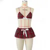 Sexy Women School Girls Fancy Uniform Cosplay Exotic Sets Costume Lingerie Bra+Thong+Plaid Strap Skirt 3PCS Clothes Set Bras