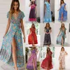 Foridol Bohemian Maxi Longo Wrap Dress Mulheres Floral Impressão Split Beach Férias de Verão Fogão Boho Plus Size Blue 210415