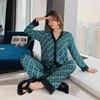 JULY'S SONG Pajamas Set Women Stain Spring Summer Sleepwear Retro Luxury Ice Silk 2 Pieces Letter Printing Long-sleeved Homewear 211109