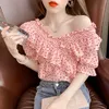 Kvinnors Blusar Chiffon Off Shoulder Top Summer Women 2022 Lady Koreansk Graciös Puff Sleeve Ruffle Fashion Polka Dot Blue Pullover