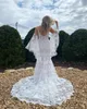 Boho Bridal Bröllopsklänning 2021 Mermaid French Lace Vestidos de novia Avtagbara ärmar Designer Robe-de Soirée-de Mariage Deep V Neck Open Back Order-to-Made
