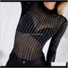 Jumpsuits & Rompers Womens Clothing Apparel Drop Delivery 2021 Stylish Bar Skinny Women Long Puff Sleeve 0-Neck Mesh Bodycon Bodysuit One-Pie