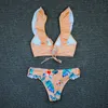 Sexy Bikini Print Floral Swimwear Women Lace Up Low Waist Bikinis Set Push Brazilian Swimsuit Ruffle Bathing Suit L 210629