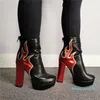 부츠 여성 플랫폼 발목 불꽃 패턴 스퀘어 하이힐 라운드 발가락 화려한 흑색 파티 신발 플러스 미국 크기