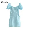 Foridol Solid Blue Summer Dress Femmes Mignon Bownot Front Casual Mini Sun Robe Puff Sleeve Sundress Femmes Vêtements 210415