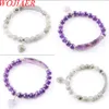 WOJIAER Natural Stone Amethyst Quartz Beads Strand Bracelets & Bangles Heart Shape Charm Fitting Couples Jewelry Love Gifts BK333