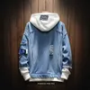 men's jacket spring and autumn fake two pieces patchwork denim hoodie casual hole large size 210909