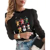 Women Fashion Casual Long Sleeve Tops Sheer Mesh Splicing Blouse Feamle Christmas Snowman Santa Claus Print Tops 210716