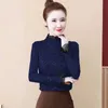 Cienki styl wiosna jesień koronki bluzki koszula casual długi rękaw Turtleneck granatowy czarny wino czerwony blusas topy DF3130 210609