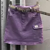 紫色のデニムスカートの女性の夏のハイウエストポケットスリム薄いシンプルなAライン膝ヒップ女性210427