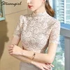 White Lace Tops Women Blouse Short Sleeve Summer Womens Lace Tops And Blouses Short Sleeve White Office Embroidered Blouse 210421