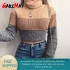 Chaki Crop Sweater Turtleneck Feminino Algodão Malha Listrada Suéteres Longa Outono Inverno Mulheres Quentes e Pullovers 210428