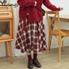 Winter Warm Wool Christmas Red Plaid Skirts Women Vintage High Waist Midi Skirt Japanese Kawaii Students Harajuku Skirt 210619