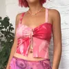 Tie Dye Drukowane Łatane Bandaż Sexy Cami Y2K Crop Top z cienkim paskiem Lato Chic Party Tee Topy Damska koszula Streetwear 210510