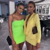 Colysmo Double Layers Neon Green Ruched Dress Summer Spaghetti Straps One Shoulder Sexy Woman Party Night Slim Mini 210527