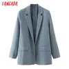 Женщины Blue Grey Blazer Parten Vintage Vintage Soleched Woll Holid Fashe Fashion Feat Chic Tops DA135 210416