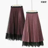 Mode Les deux côtés portent de la dentelle douce couleur unie rétro plissé skrit pour les femmes taille haute midi brillant soie couture maille jupe 210420