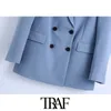 TRAF Women Fashion Double Breasted Loose Fitting Blazer Coat Vintage Long Sleeve Pockets Female Outerwear Chic Veste Femme 210415