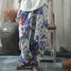 Johnature Kadınlar Vintage Sonbahar Çapraz Pantolon Baskı Çiçek Elastik Bel Pamuk Keten Pantolon Kadın Rahat Pantolon 210521