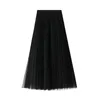 얇은 명주 그물 스커트 진주 womens faldas mujer moda 패션 탄성 하이 허리 메쉬 Tutu Maxi Pleated Long Midi Saias Jupe 210524