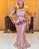 2021 Dusty Pink Vintage Aso Ebi Evening Dresses Jewel Neck Illusion Lace Appliques Beads Ruffles Floor Length Mermaid Peplum Prom Gowns Three Quarter Sleeves