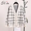 H.SA Women Winter and V neck Plaid Button Up Knit Cardigans Pink Sweater Faux Fur jacket Korean Coat 210417