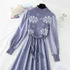 Casual Dresses Korean Vintage Puff Sleeve Knitted Dress Woman Autumn Winter 2022 Fashion A-line Slim Print Bottoming Elegant Vestidos