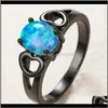 Jewelrypunk weiblicher blauer Opal-Stein-Ring-Charm, 14 Karat Schwarzgold, Herz-Eheringe für Frauen, Luxus-Braut, oval, Verlobung, Drop-Lieferung 2021 M