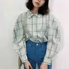 Spring Comfortable Plaid Long Sleeve Blouses Women Chic Puff Sleeve Design Ladies Tops All-match Button Up Shirt 210514