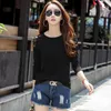 Shoulder Embroidery T Shirt Women Autumn Cotton Black White Hollow Out Tee Shirt Femme Long Sleeve T-shirt Lady Tops Y0621