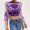 Tie Dye Słodkie Serce Drukuj Y2K Koszulki z trzy czwarte rękaw Harajuku Kobiety Lato Crop Top Dla Dziewczyn Kawaii Tees Koszula 210415