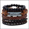 Cuff Bracelets Jewelryretro Personality 4Pcs/Set Jewelry Believe Suit Mens Cowe Retro Woven Diy Leather Bracelet Drop Delivery 2021 41Jfm