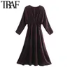 Traf Women Chic Fashion Elastic Waist cozy Midi Dress Vintage v Neck Long Sleeve Memale Dresses Vestidos Mujer 210415