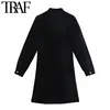 Traf Femmes Chic Mode Avec Boutons Bejeweled Velvet Mini Robe Vintage Col Montant Manches Longues Robes Femelles Mujer 210415