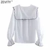 Zevidade Mulheres Doce Doce Agarci Lace Borda Decoração Ruffles Branco Blusa de Smock Escritório Lady Court Camisas Chic Blusas Tops LS7441 210603