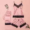 Lace Sexy 3 Pcs Pajamas Set Solid Ice Silk Summer Thin V Neck Ladies Satin Casual Pijama Suit Night Wear for Female Sleepwear Q0706