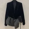 Ternos femininos Blazers ewq corea chique elegante seda a veludo de bainha de bastão renda de borda up fit preto capa blazer fêmea 2021