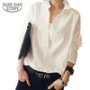 Frühling Koreanischen Stil Frauen Hemd Sexy V-ausschnitt Weiße Bluse Langarm Spitze Chiffon Lose Plus Größe 5xl Casual Tops D240 30 210506