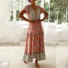 Floral Print Boho Zomer Lange Jurk Casual Button V-hals Beach Maxi Dames Katoen Vintage Witte Vakantie 210427