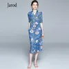 Hoge Kwaliteit Dames Zomer Elegante Bloemen Denim Jurk Vintage Runway Designer Potlood Femme Robe Vestidos 210519