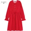 Marineblau Rote Sterne Gedruckt Cord Kleid Japanische Mori Mädchen Vintage Vestidos Frauen Peter Pan Kragen Langarm Winter Kleider 210520